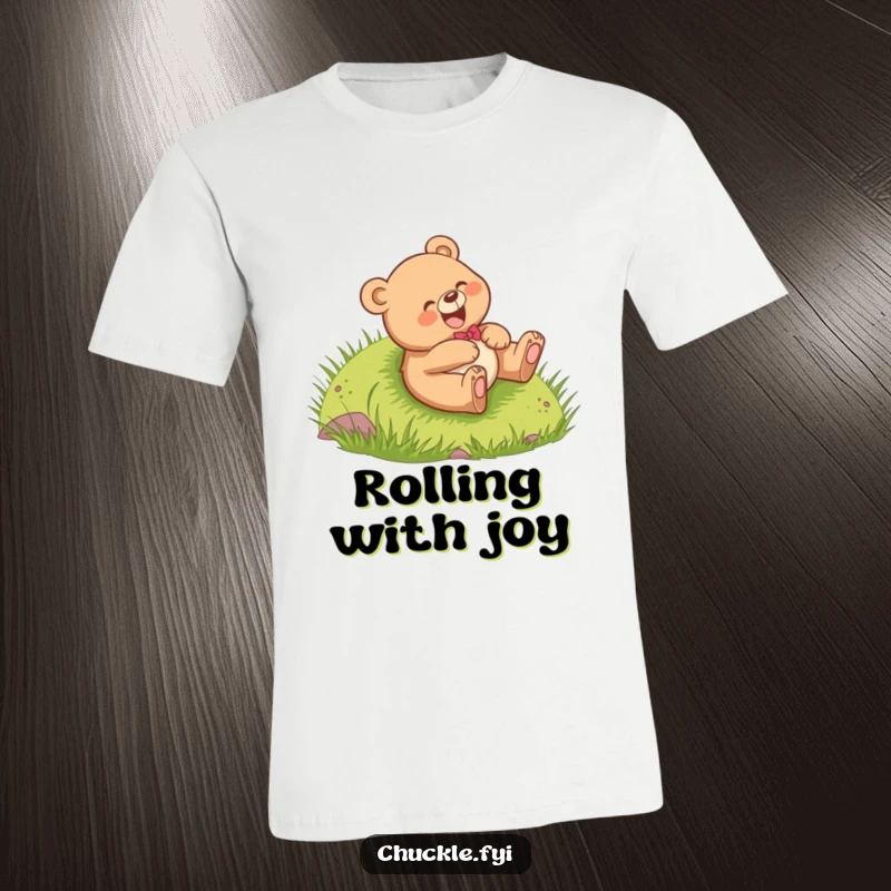 Funny Bear Cub T-Shirt showing a cheerful cub giggling while rolling down a grassy hill, capturing pure fun, a perfect funny gift.