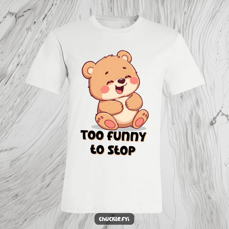 Funny t-shirt with a little bear cub giggling uncontrollably, holding its belly, radiating pure, contagious joy and amusement.