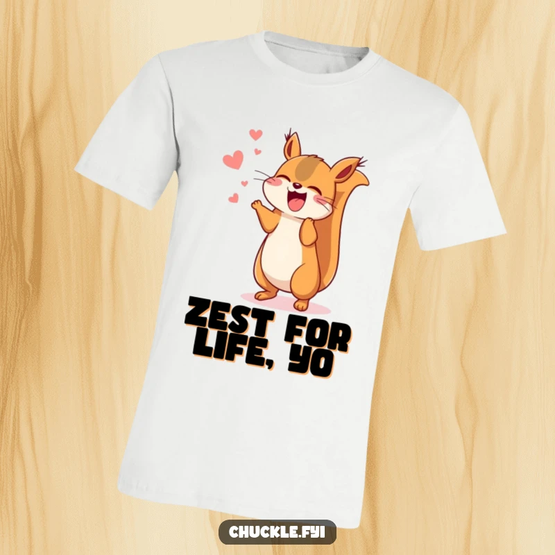 Funny Kawaii squirrel t-shirt showing a cute squirrel chattering enthusiastically and joyfully jumping up and down with excitement.