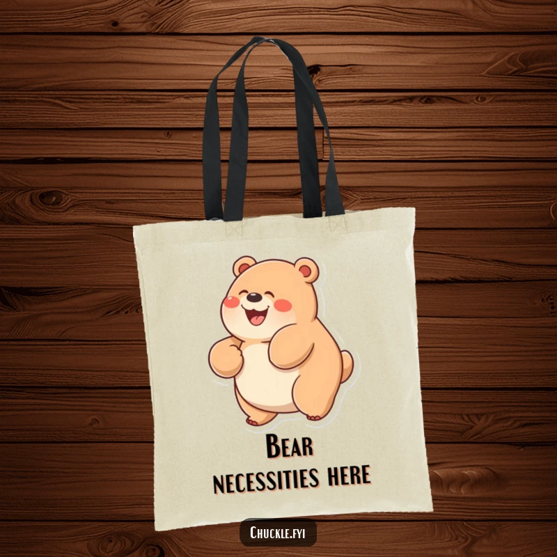 Funny Chubby Bear Tote Bag with a wide-grinning bear rolling on its back with unrestrained glee, practical fun.