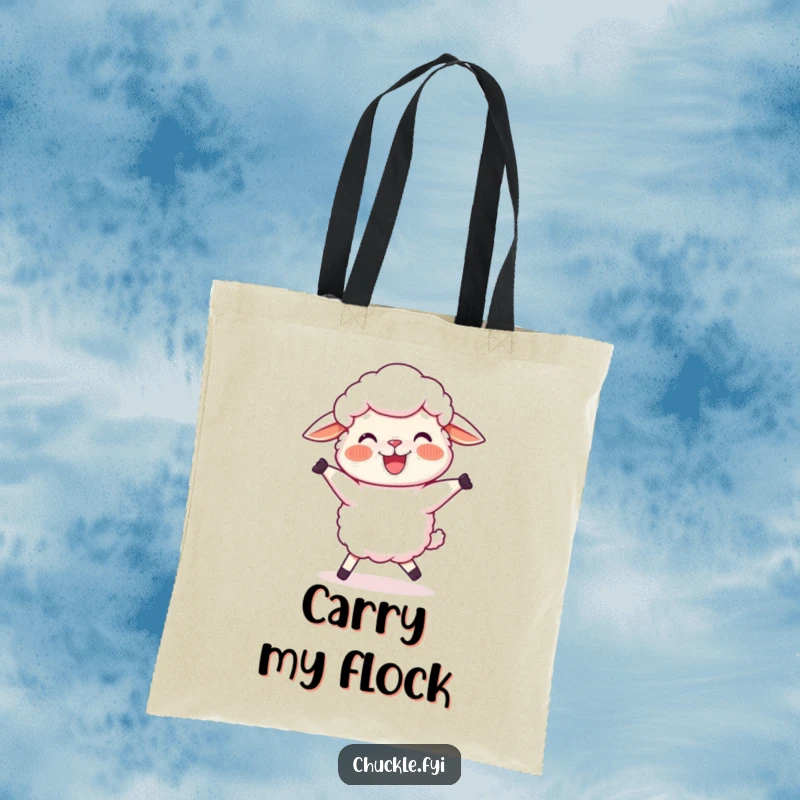 Funny Sheep Tote Bag with a joyful cartoon sheep, rosy cheeks, doing a silly, wobbly dance, great for carrying essentials.