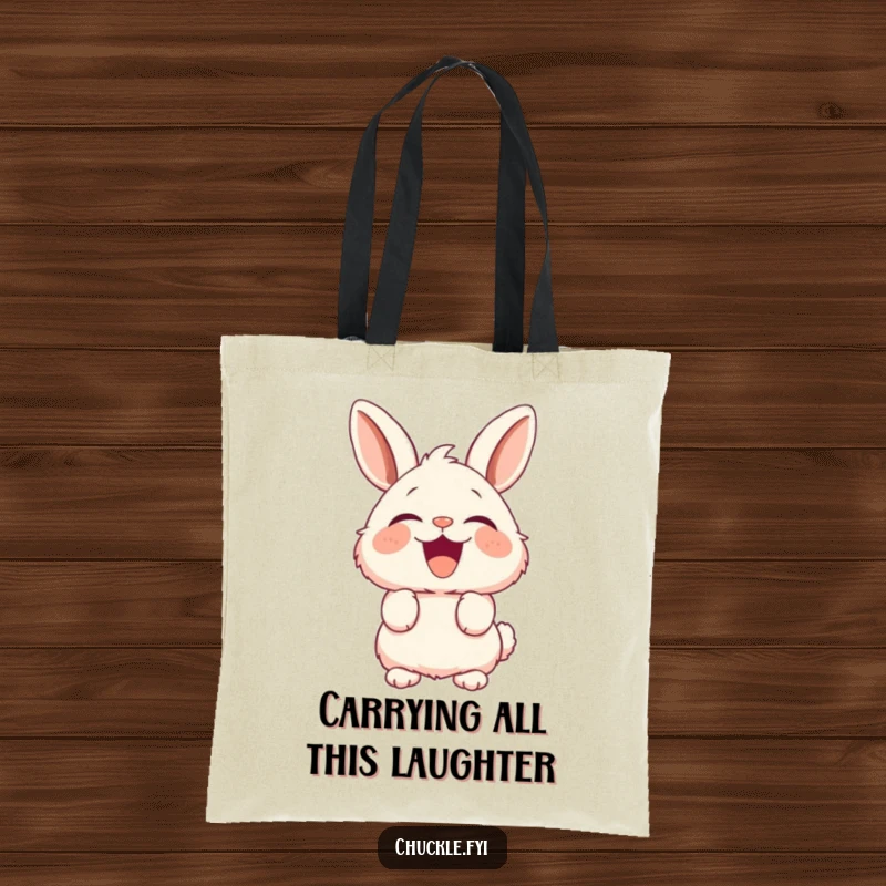 Funny Fluffy Bunny Tote Bag depicting a rabbit with perked ears in fits of hilarious laughter, practical fun.