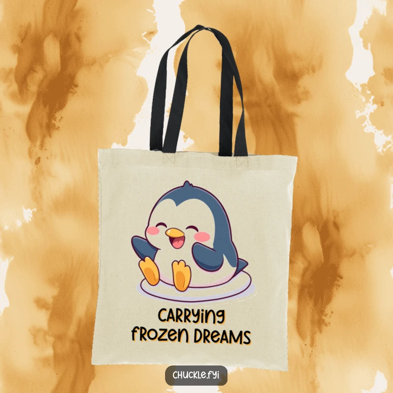 Funny penguin tote bag showing a character in a humorous belly slide, complete with a broad, joyful grin, ideal for everyday use.