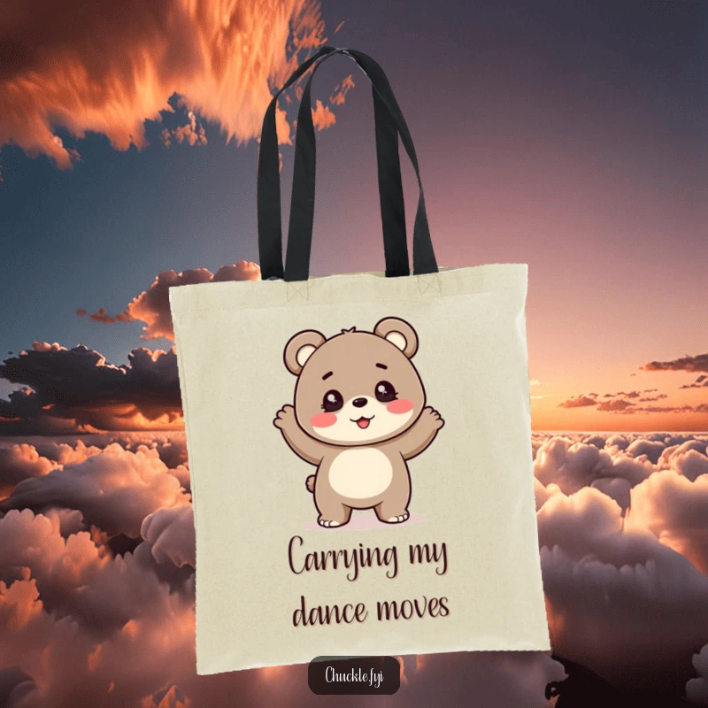 Funny tote bag: a cheerful bear cub with sparkling eyes joyfully performing a silly, bouncy dance.
