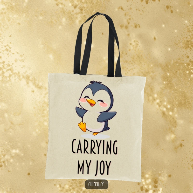 Funny tote bag featuring a giggling penguin character waddling with infectious, exaggerated excitement and boundless glee.