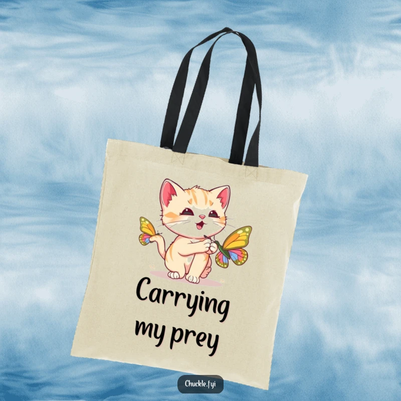 Funny Kitten Tote Bag illustration of a curious kitten chasing a butterfly and purring loudly, cute and humorous, a perfect funny gift.