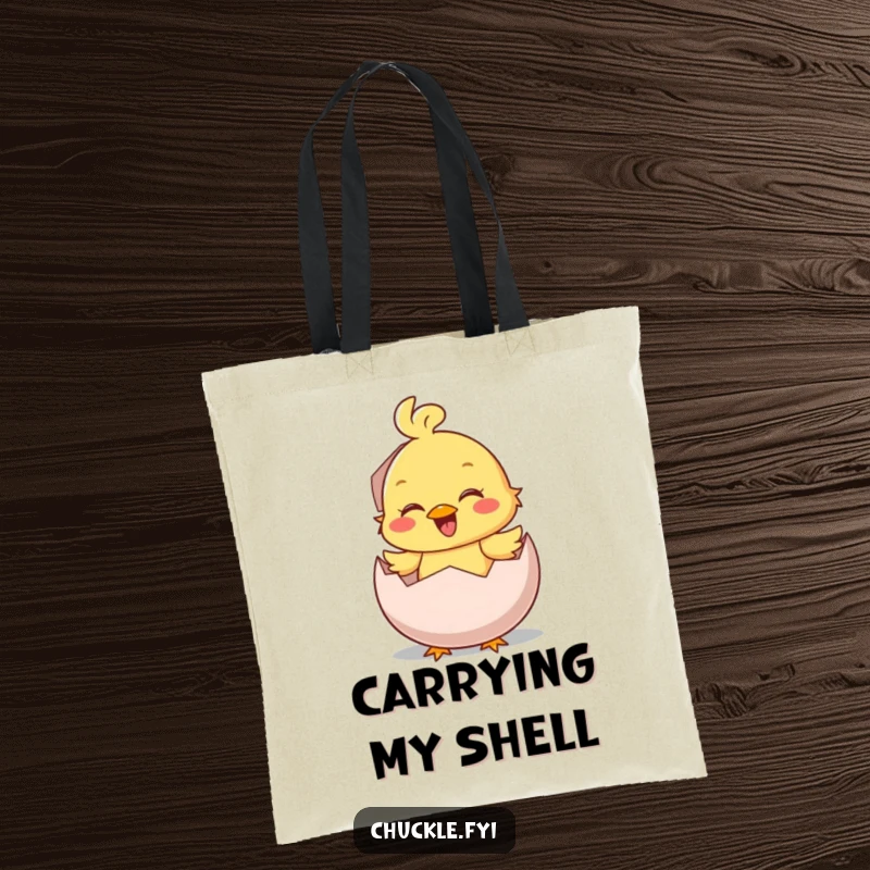 Funny Tote Bag: A happy chick character hatches from an egg with a loud chirp, symbolizing joy and new beginnings.