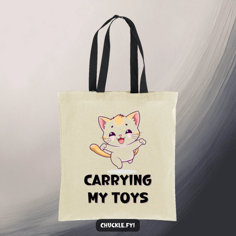Funny playful kitten tote bag character chasing a beam of light with a joyous bounce, for carrying items with flair.