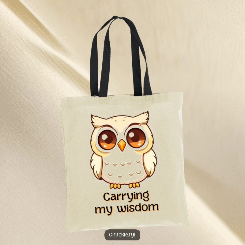 Funny Curious Owl Tote Bag showing a wise owl with sparkling eyes, softly chuckling, a stylish and clever accessory.