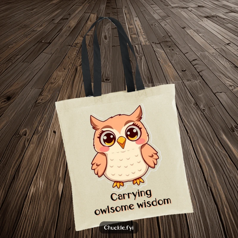 Funny Owl Tote Bag: A jovial owl with wide, delighted eyes, caught mid-hoot, ready to carry your essentials humorously.