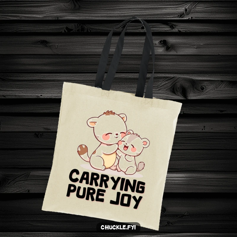 Funny tote bag showcasing two small animals playfully tickling each other and giggling, a delightful depiction of pure, shared amusement.