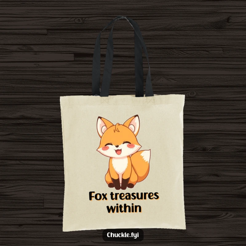Durable tote bag featuring a funny giggling fox with its tail wagging, a cute and humorous accessory.