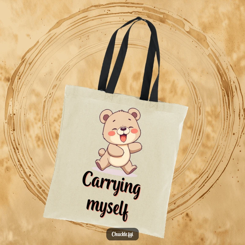 Funny Bear Cub Tote Bag: A giggling bear cub comically chasing its own tail, perfect for carrying daily essentials with humor.