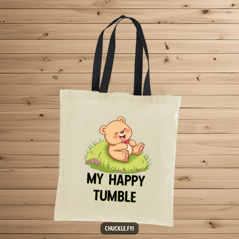 Funny Bear Cub Tote Bag illustration of a cheerful cub giggling while rolling down a hill, cute and humorous, a perfect funny gift.