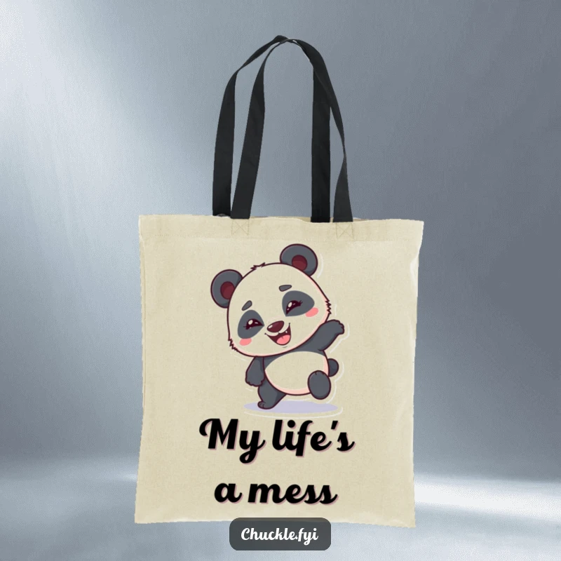 Funny bumbling panda tote bag showing a clumsy panda tripping with a wide goofy grin, a functional funny gift.