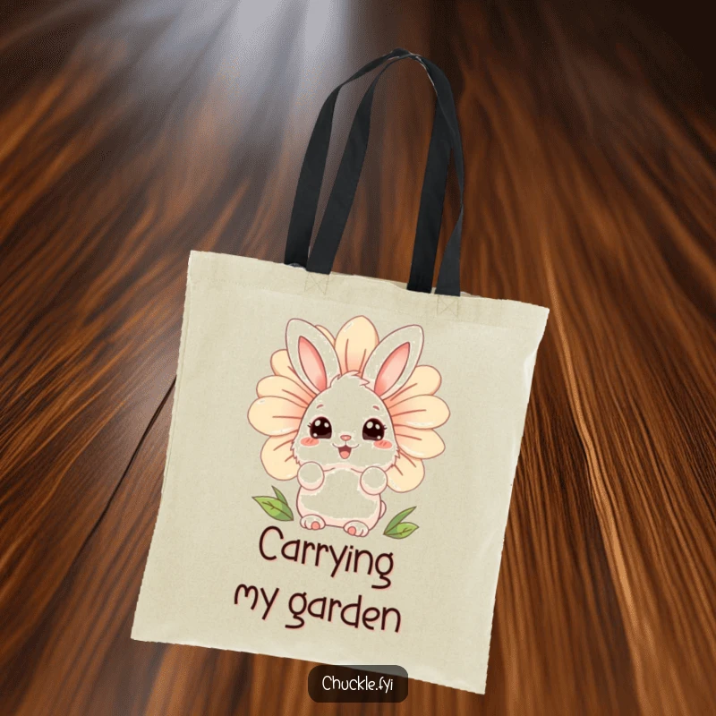 Funny fluffy bunny tote bag character with wide, curious eyes, peeking from behind a giant, laughing flower, for carrying essentials.