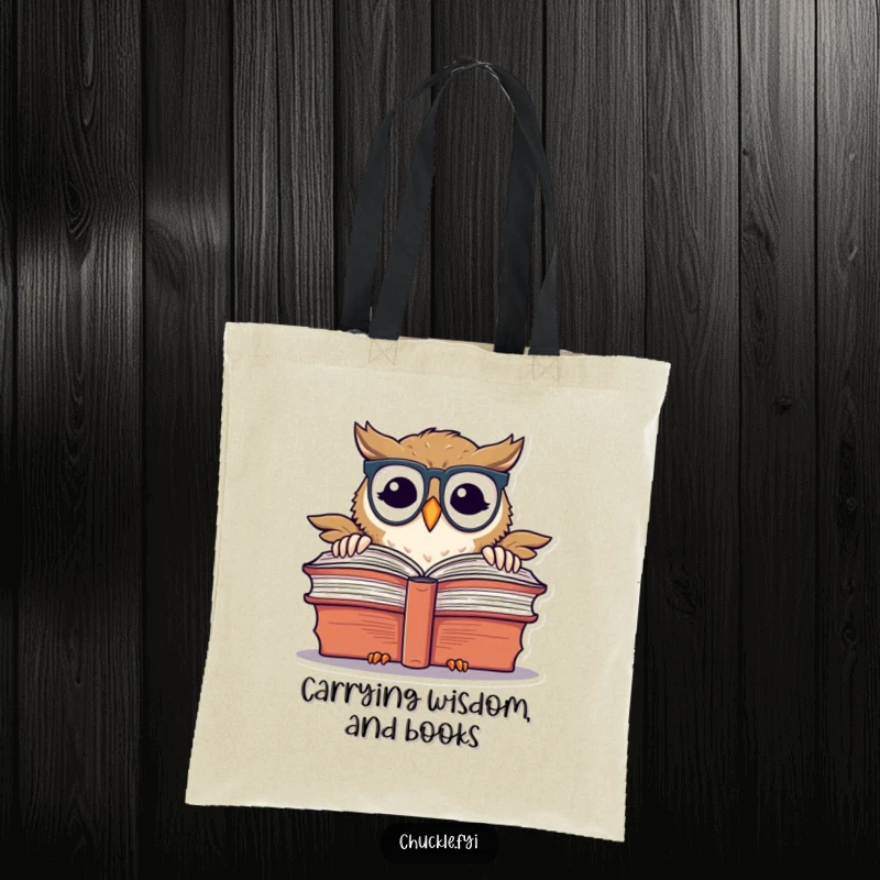 Funny chuckling owl with spectacles, peeking over a book, on a tote bag.