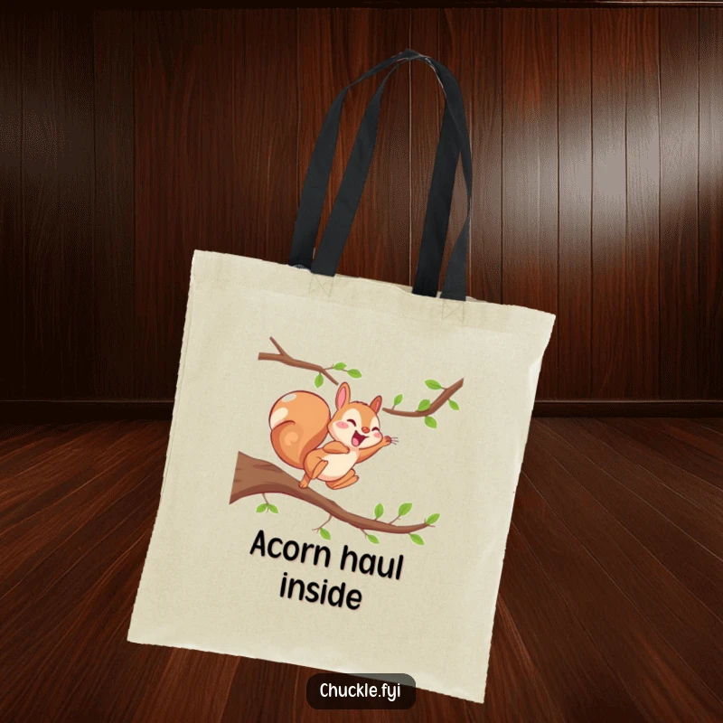 Funny Energetic Squirrel Tote Bag showing a squirrel mid-air, giggling with pure joy, a stylish and playful accessory.