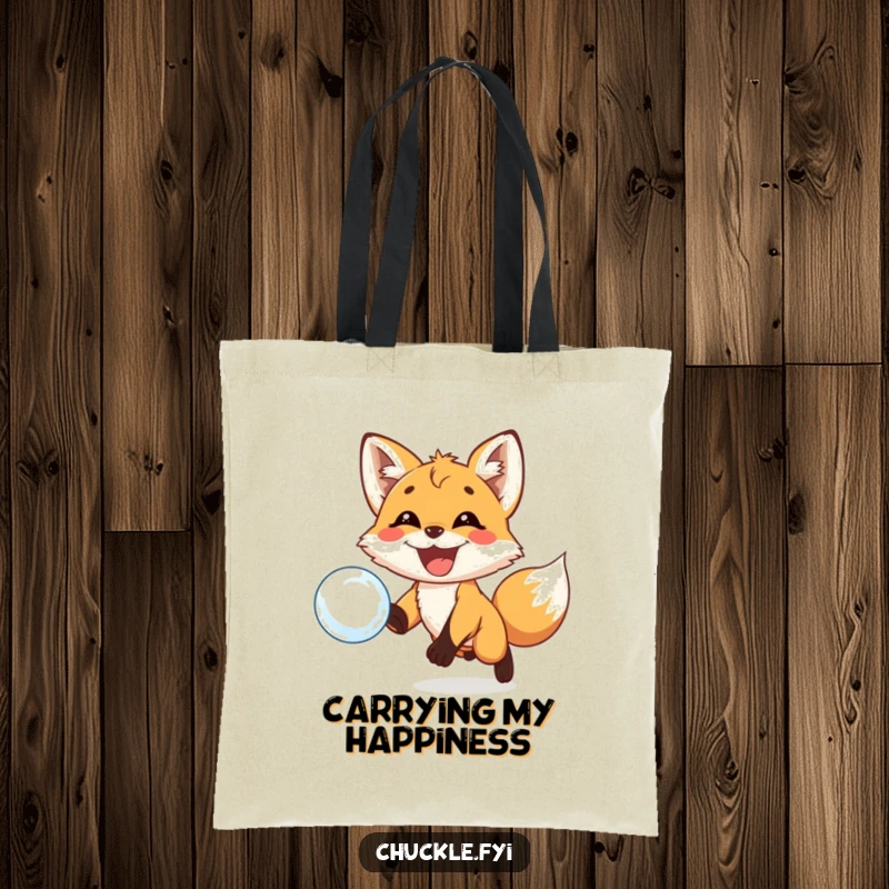 Funny tote bag: a playful fox cub with a huge grin in exciting pursuit of a floating bubble.