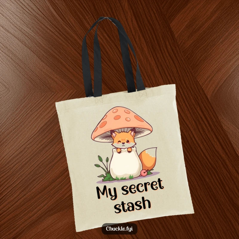 Funny Fox Tote Bag illustration of a playful fox peeking from behind a chuckling mushroom, cute and humorous, a perfect funny gift.