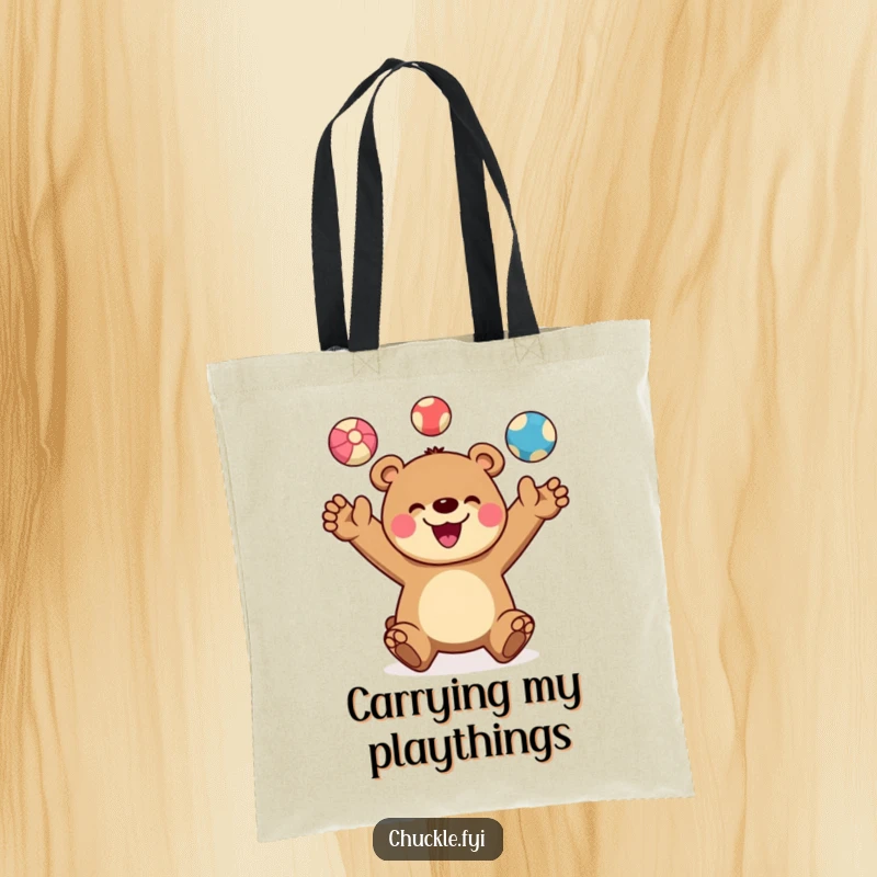 Funny tote bag showcasing a cheerful bear character joyfully juggling three colorful balls, a wide smile evident. Carry with cheer.