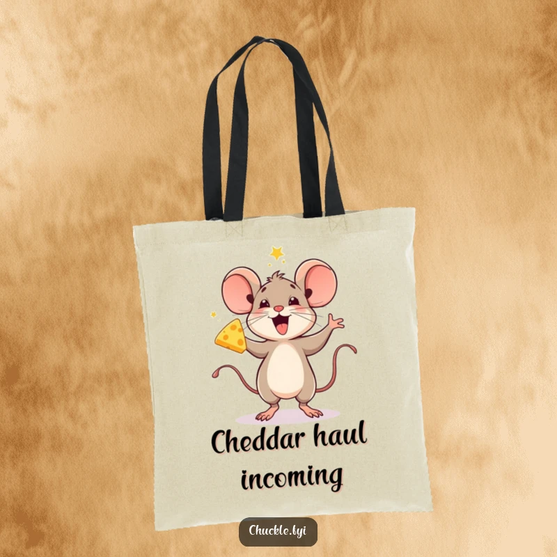 Funny tote bag adorned with a delighted mouse character doing a celebratory jig with a prized piece of cheese.