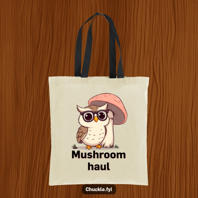 Funny Owl Tote Bag: A happy owl with spectacles peering at a giant mushroom, perfect for carrying books and brains.