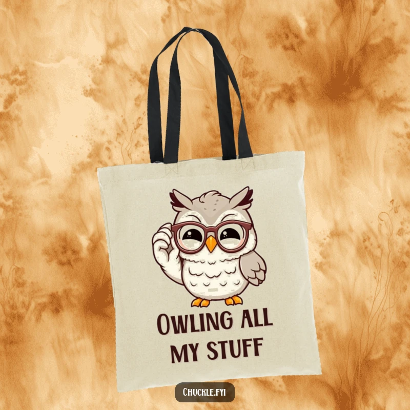 Funny owl tote bag showcasing a wise, chuckling cartoon character adjusting its spectacles with a knowing grin, practical and witty.