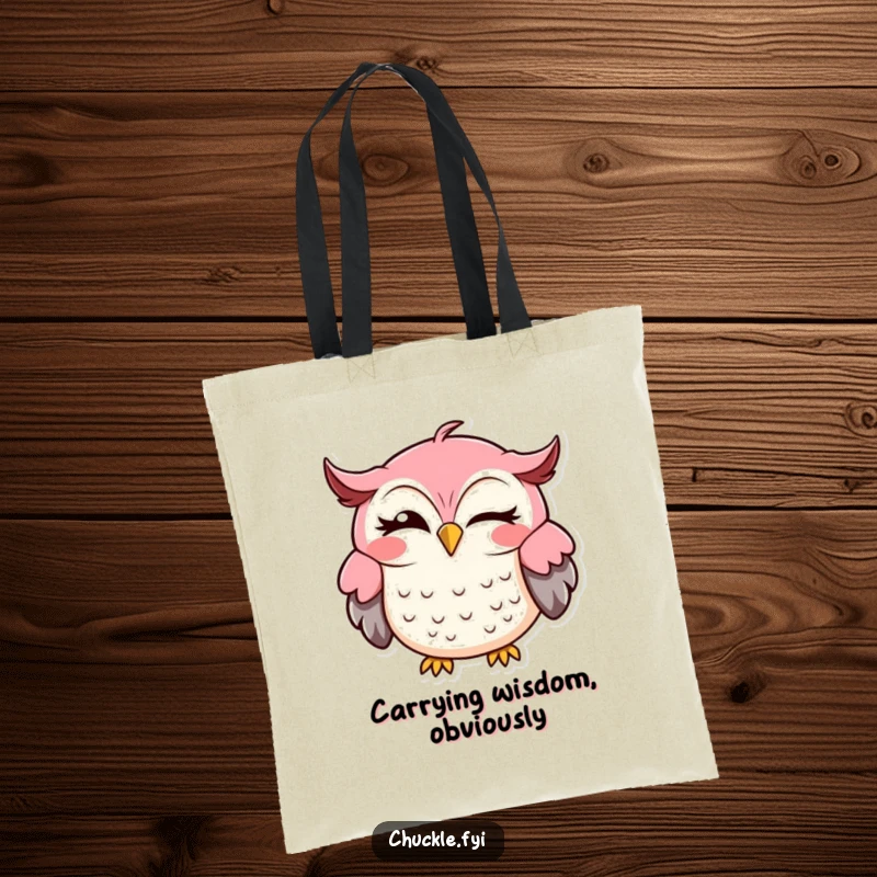 Funny owl tote bag featuring a delighted owl winking with a quirky sideways grin, great for shopping.
