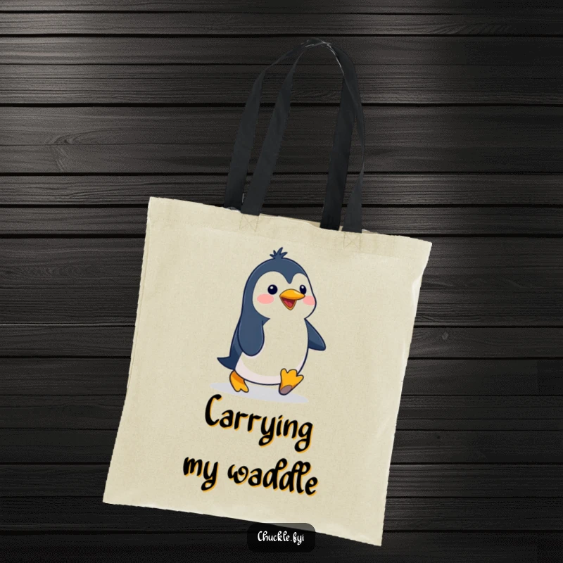 Funny penguin tote bag showcasing a delighted cartoon character waddling with a silly, exaggerated gait, both practical and humorous.