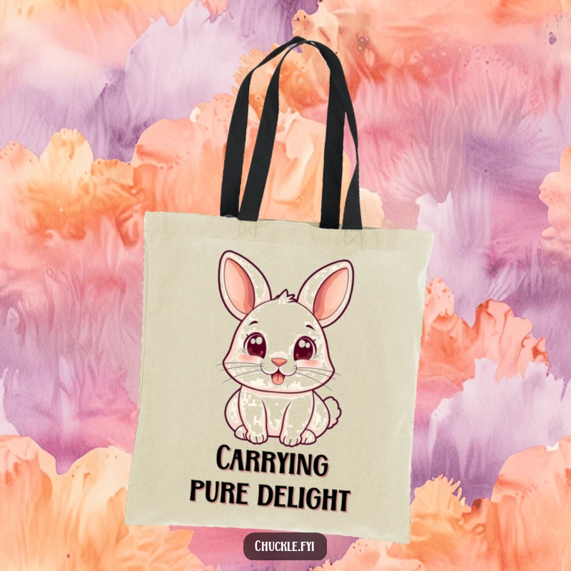 Funny tote bag featuring a small rabbit with wide, joyful eyes bopping its nose, perfect for carrying essentials and smiles.