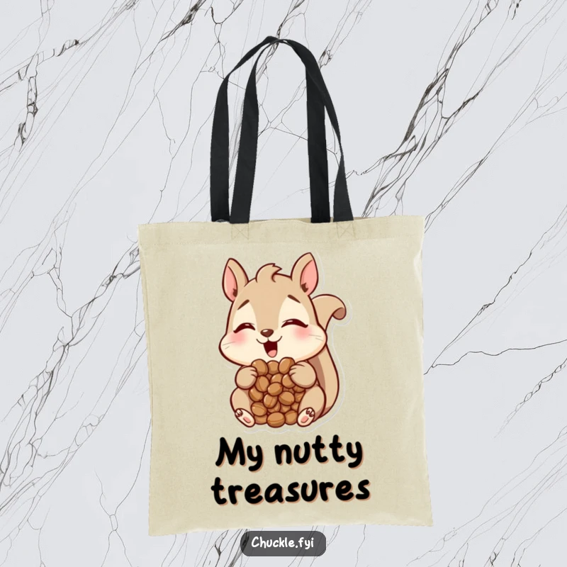 Funny Squirrel Tote Bag illustration of a happy squirrel with a mouth full of nuts, looking amused, cute and humorous, a perfect funny gift.