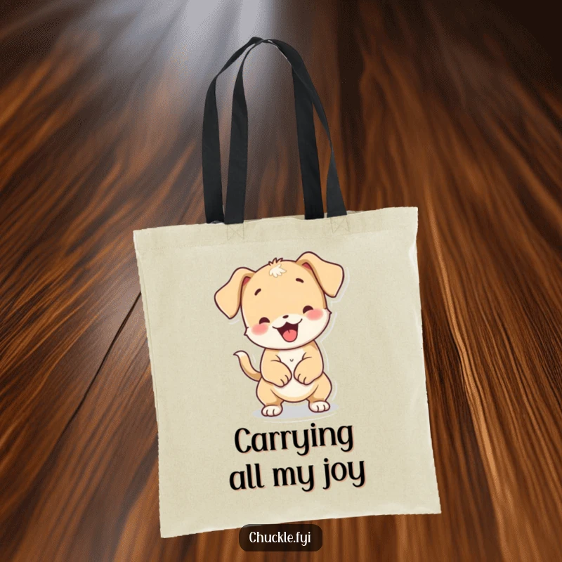 Funny playful puppy character wiggling its body from a happy tail wag, on a tote bag.