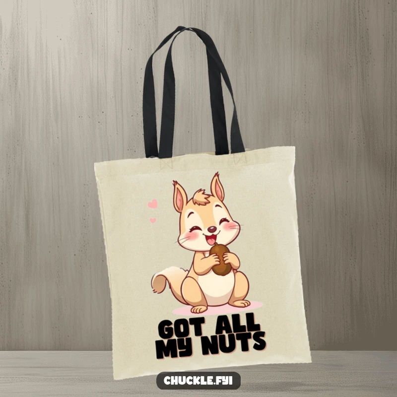 Funny tote bag featuring a mischievous squirrel chattering happily while holding a nut, perfect for carrying essentials and happy chatter.