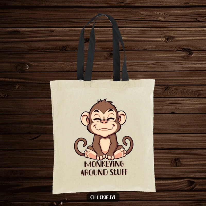 Durable tote bag features a funny monkey pulling a hilarious and silly grimace.