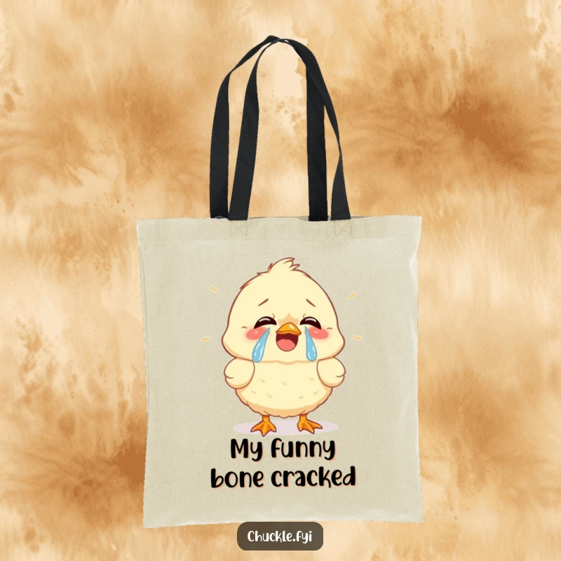 Funny tote bag featuring a fluffy chick cracking up with tears of joy streaming, perfect for carrying laughter and necessities.