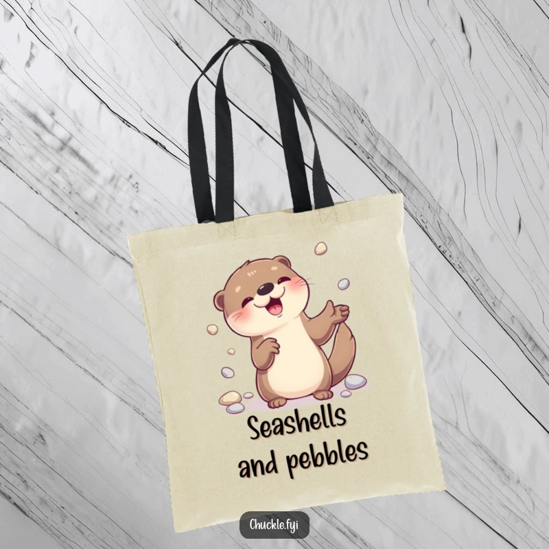 Funny otter character juggling shiny pebbles on a durable tote bag, a cute and humorous accessory.