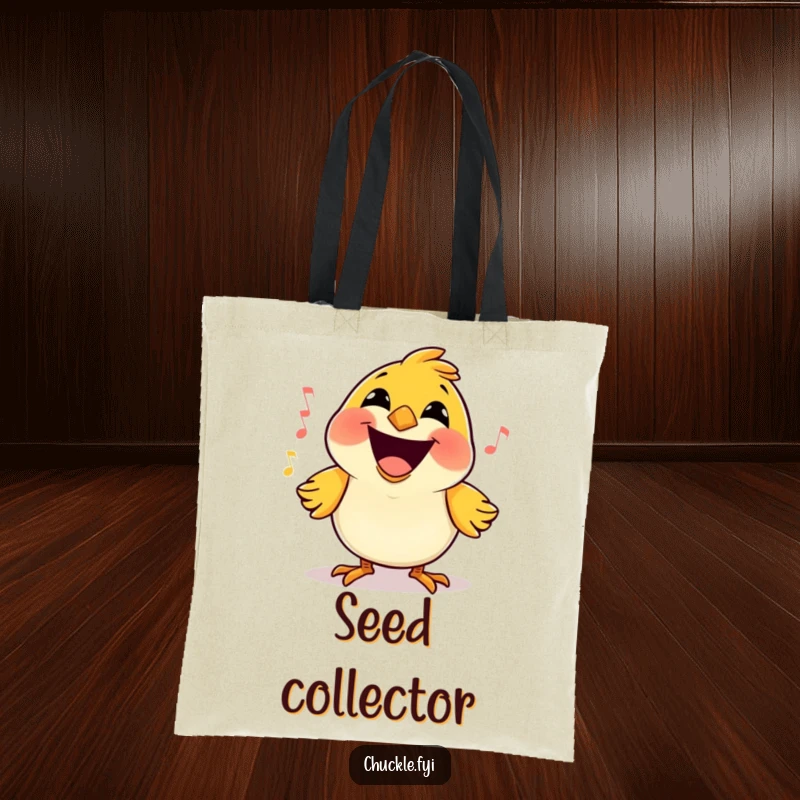 Funny Bird Tote Bag with a happy little cartoon bird, massive grin, singing a joyful tune, great for everyday use.
